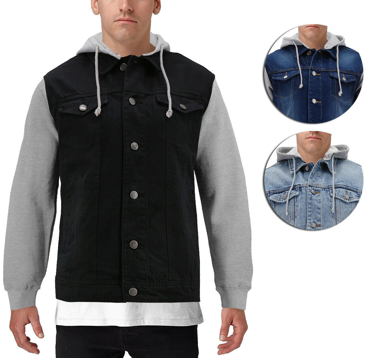 Mens Two Tone Jean And Grey Jersey With Removable Hood Denim Trucker Jacket Coats And Jackets 