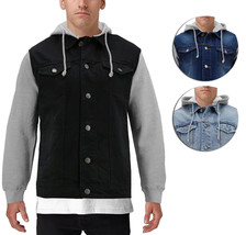 Men's Two Tone Jean And Grey Jersey with Removable Hood Denim Trucker Jacket