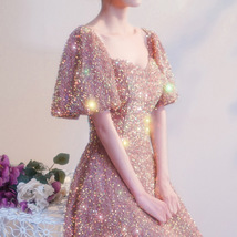 BLUSH PINK Sequin Midi Dress GOWNS Vintage Sleeved Wedding Party Sequin Dresses image 4
