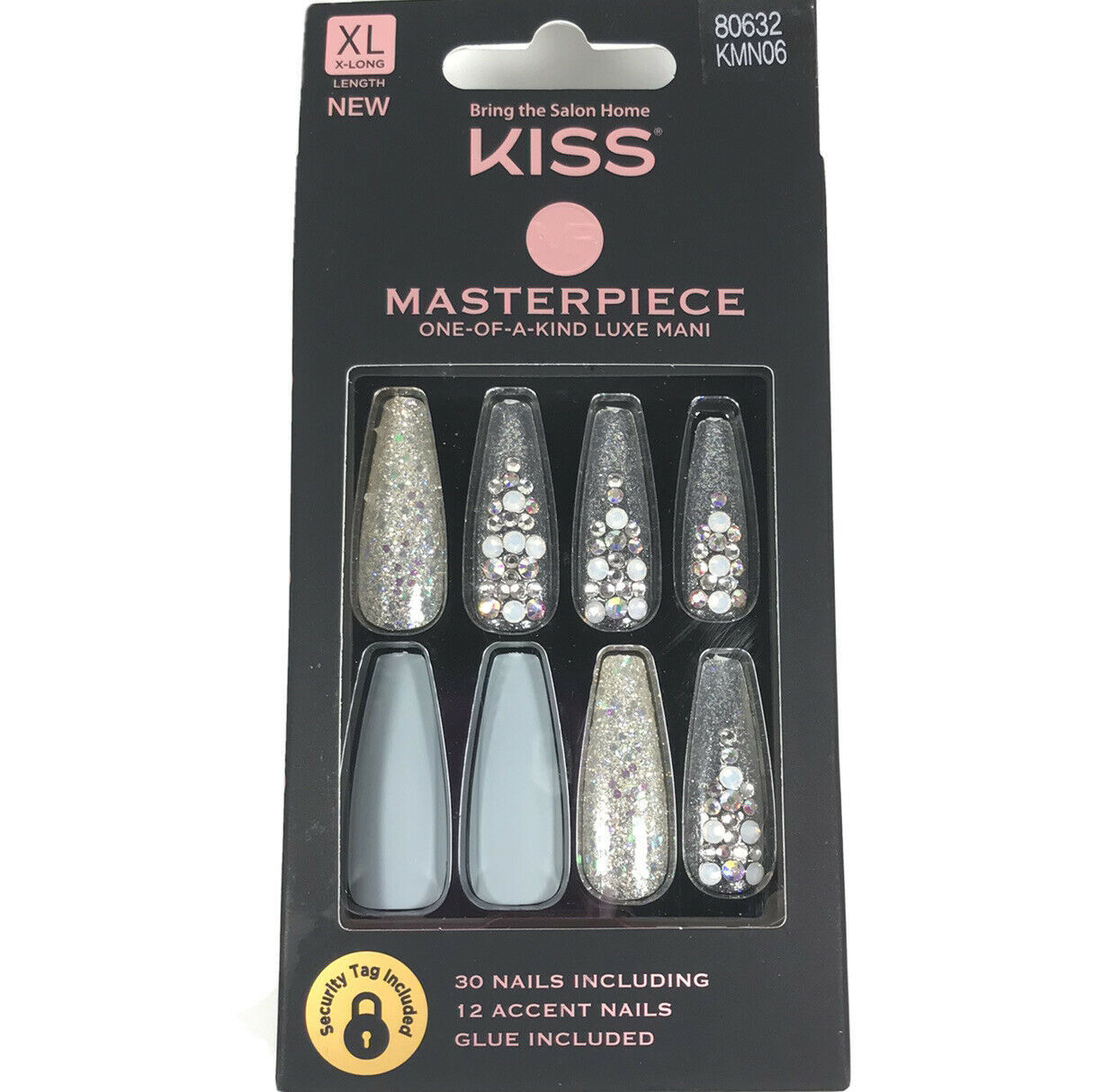 NEW Kiss Nails Masterpiece Luxe Glue Manicure XL Gel Coffin Blue Silver ...