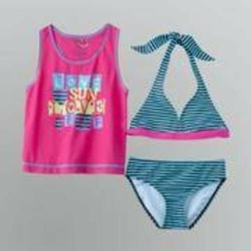 Girls Swimsuit Joe Boxer 3 Pc Pink Blue Rashguard Bikini Swim Bathing Suit-  4/5