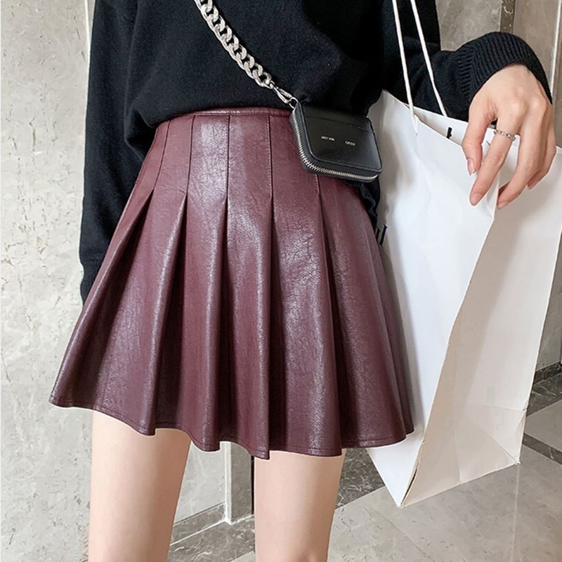 New burgundy pleated faux leather high waist mini length short women skirt
