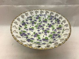 Vintage LEFTON CHINA 650V Reticulated COMPOTE DISH Purple Flowers GOLD RIM - $24.25