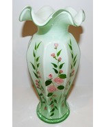 LOVELY ART GLASS GREEN OVERLAY/CASED HAND PAINTED PINK ROSES 9 3/8&quot; RUFF... - $57.91