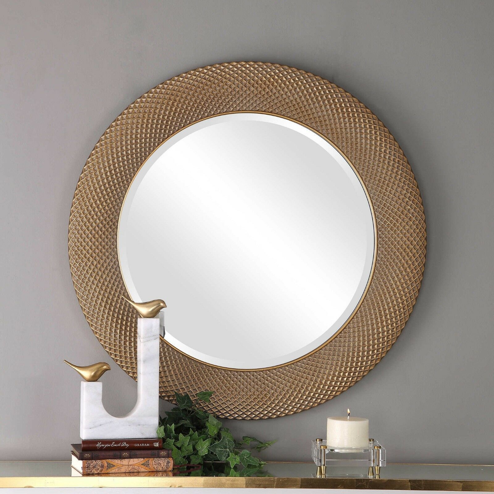 XL 35" ROUND MODERN EMBOSSED WALL VANITY MIRROR METALLIC GOLD GRAY