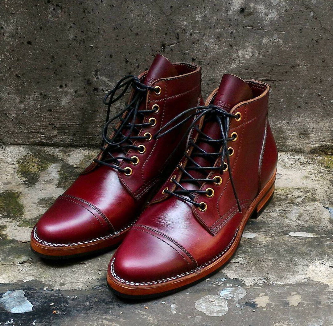 Bespoke Burgundy Cap Toe Leather Ankle Boots for Men's - Boots