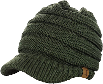 C.C Brand Brim Visor Trim Ponytail Beanie Ski Hat Knitted Messy Bun Cap - Olive