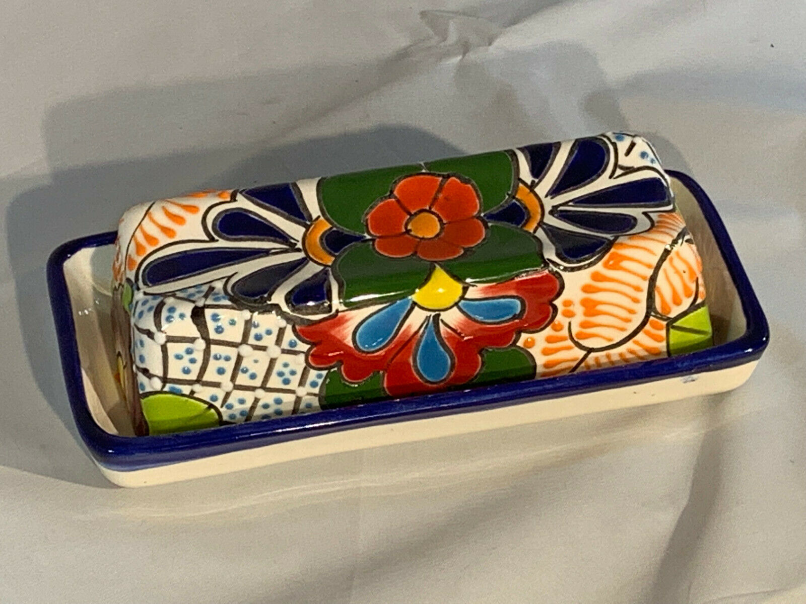 Mexican Pottery BUTTER DISH 6.5" Multi colored Talavera 7 Hand
