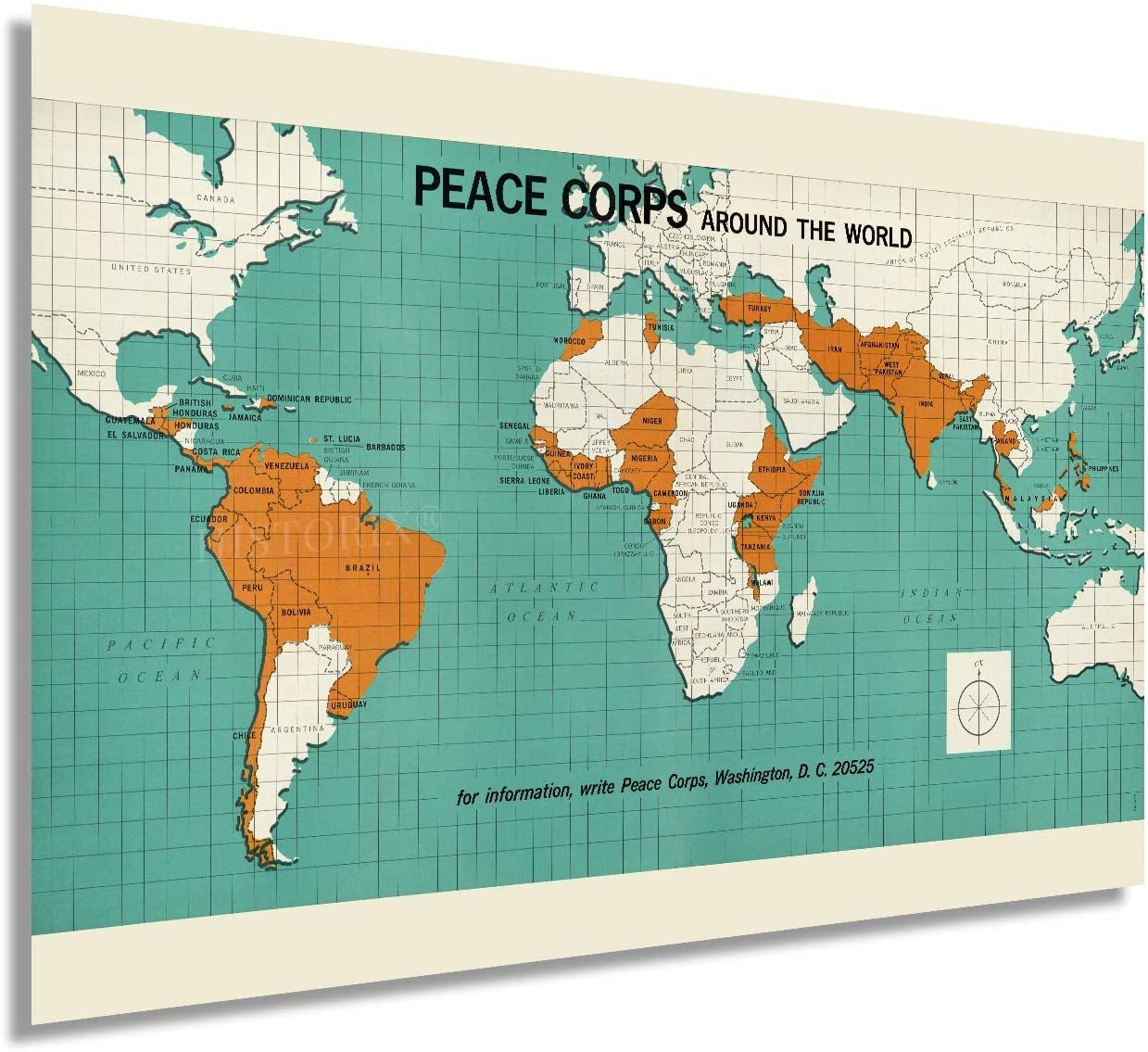 1966 Map of Peace Corps Around the World Vintage Map of Peace Corps