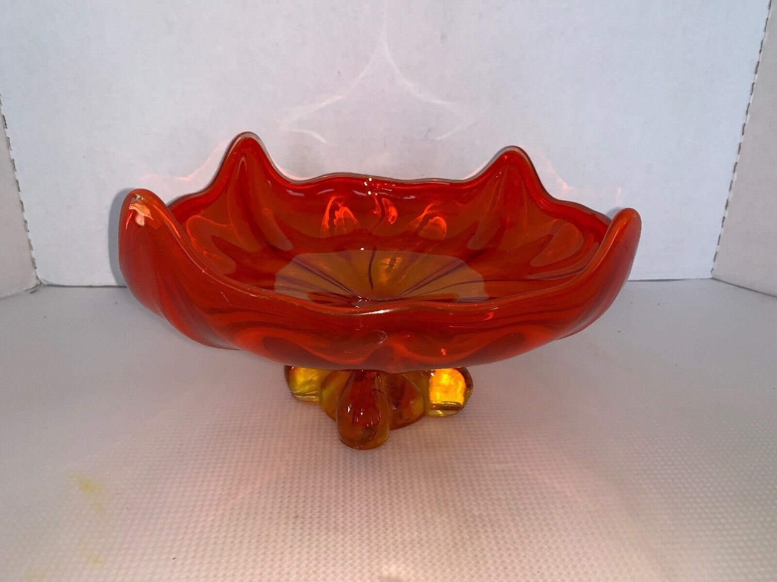 Vintage Mid-Century Amberina Flared Pedestal Orange Red Bowl  Candy Dish