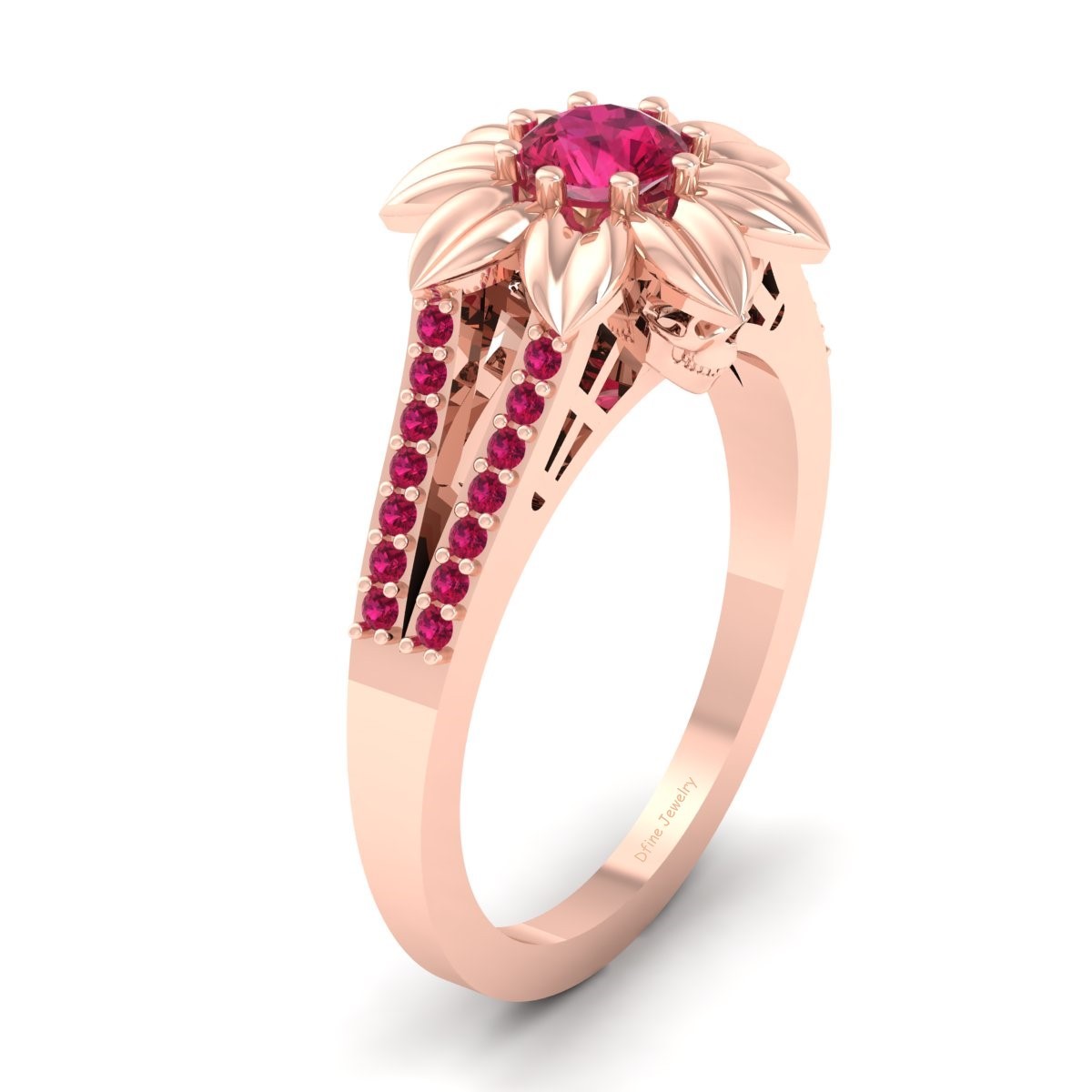 Primary image for Art Nouveau Floral Skull Engagement Ring Pink CZ Spooky Skull Wedding Ring Women