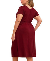 Women's Plus Size Casual V Neck Short Sleeve A-line Slit Midi Burgundy Dress 2XL image 2