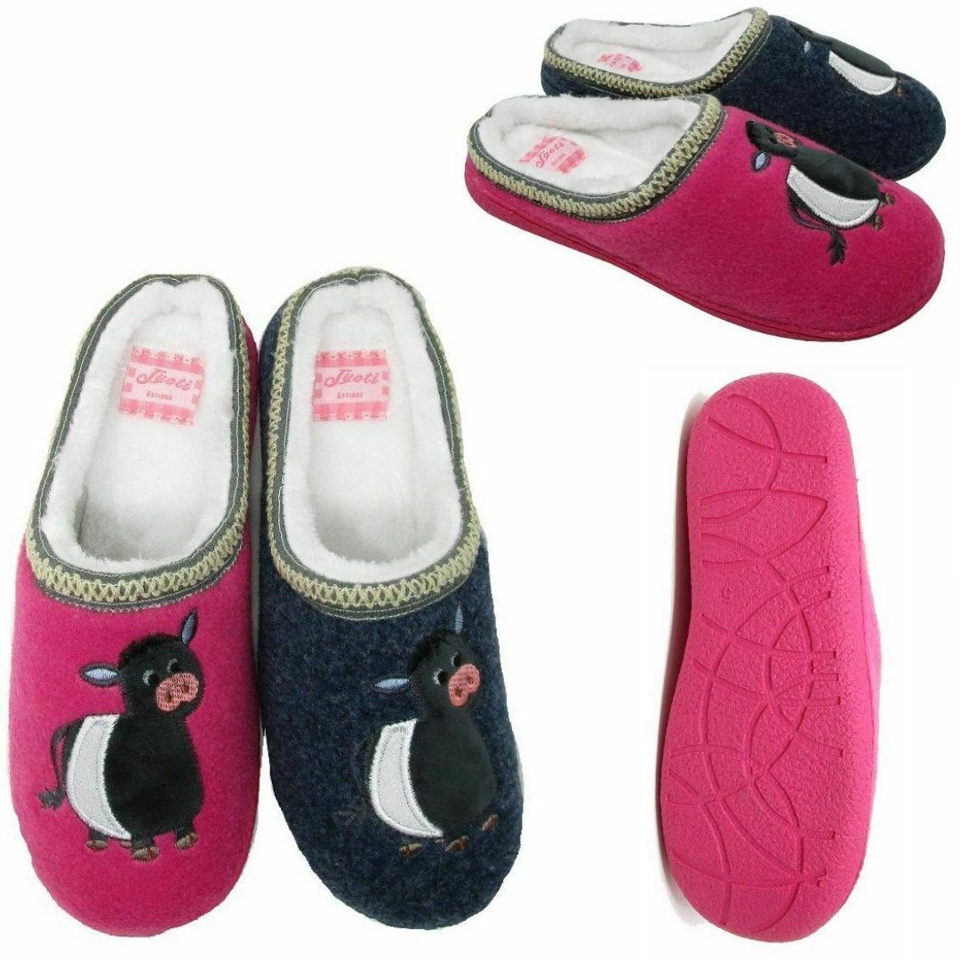Womens ladies mule slip on slippers cow pink navy size 3 4 5 6 7 8 new boxed