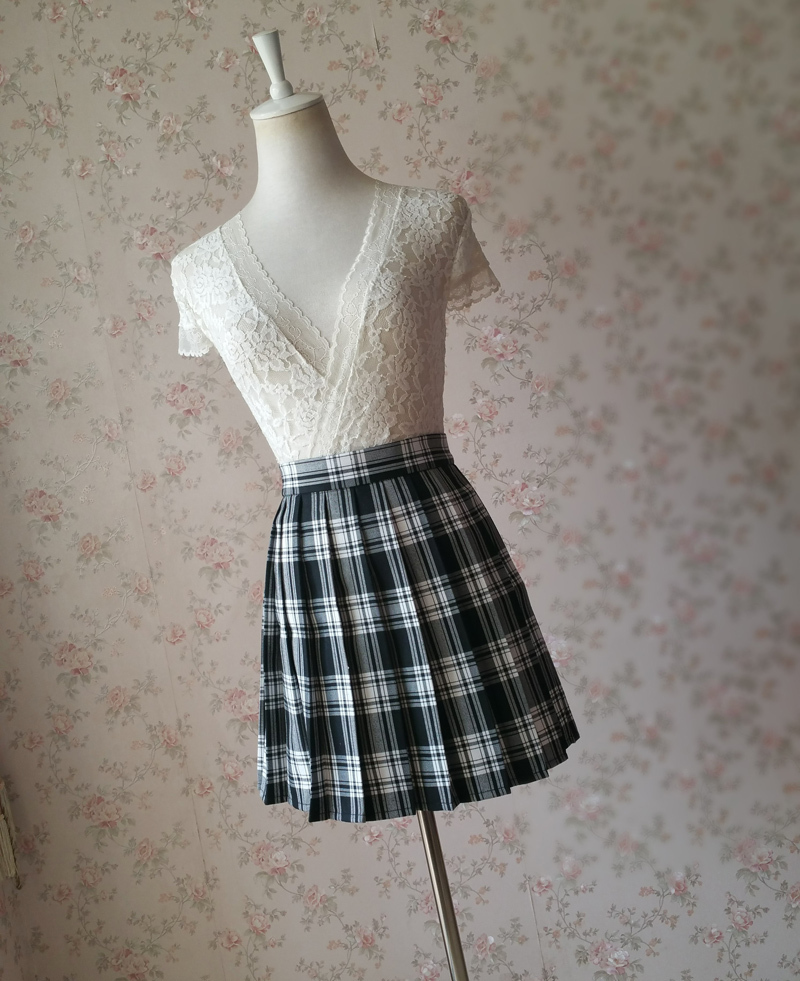 Black and White Plaid Skirt Mini Pleated Plaid Skirt Outfit A-line High ...