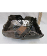 Handmade Pottery Centerpiece Bowl Art Abstract Black Metallic Glaze Text... - $30.09