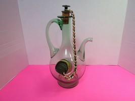 Vintage Clear Glass Decanter Cork Stoppers Metal Leather Restraints 12.5... - $30.00
