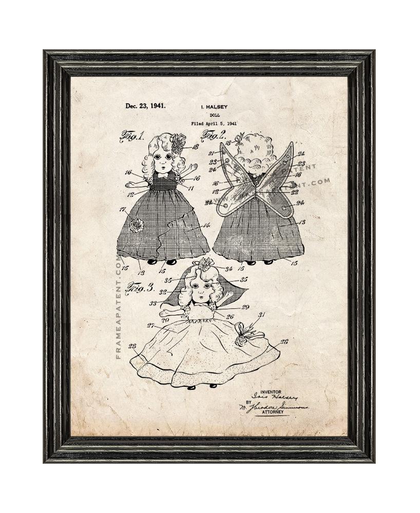 Doll Patent Print Old Look with Black Wood Frame