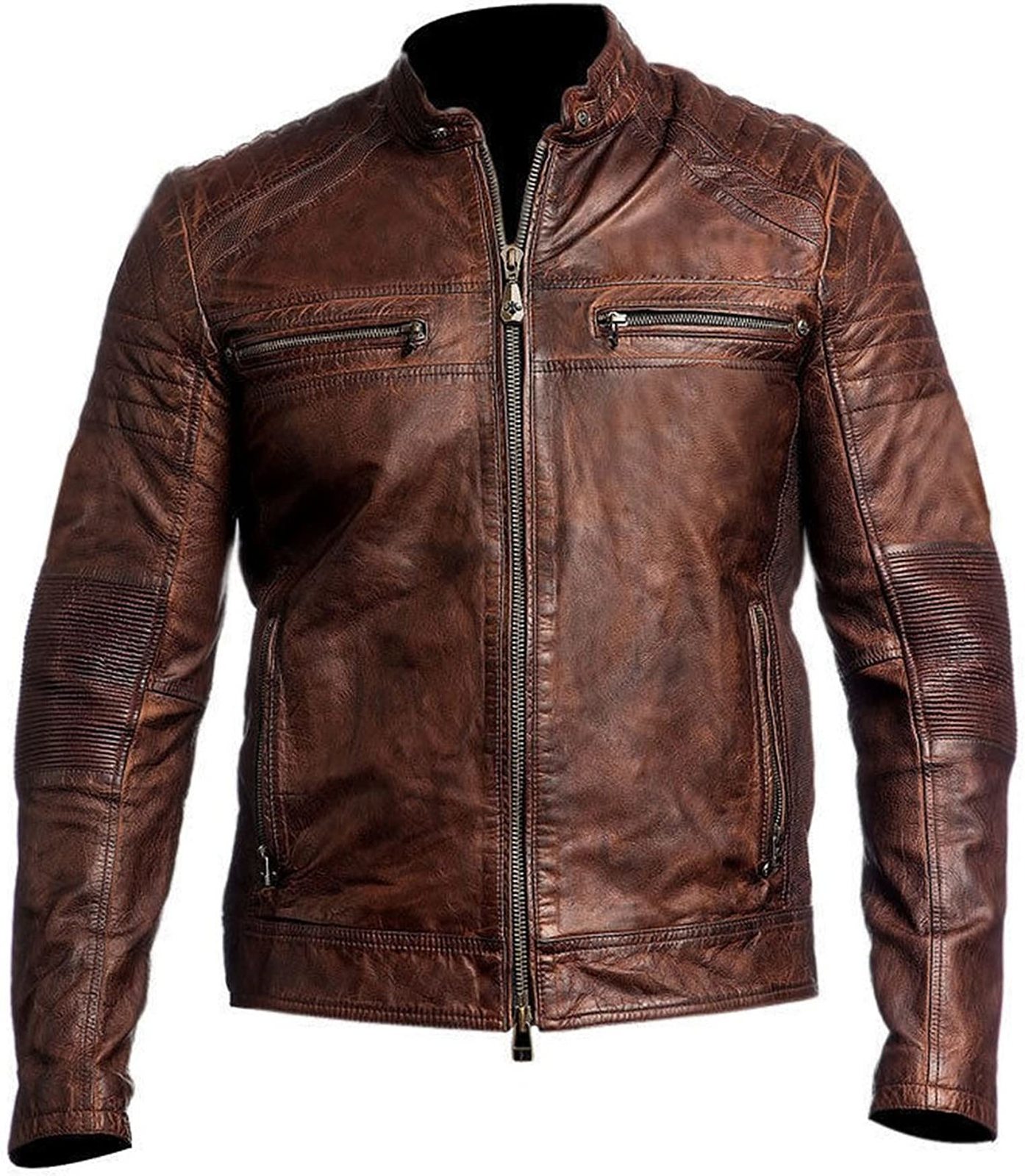Mens Vintage Cafe Racer Retro Motorcycle Distressed Brown Biker Leather Jacket