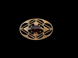 Rare Antique c.1920's A.L. Ott Art Deco Brass Red Stone Brooch Pin Signed Mark image 2