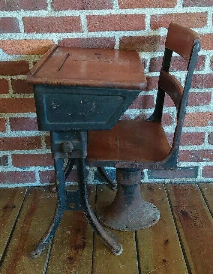 Antique Child's School Desk & Chair ~ Wood And Metal American Seating ...