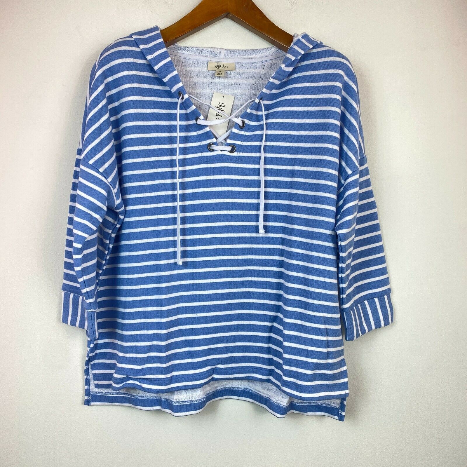 Style & CO Women XL Blue Sailor Stripe Lace up 3/4 Sleeve Hoodie Sweatshirt NWT