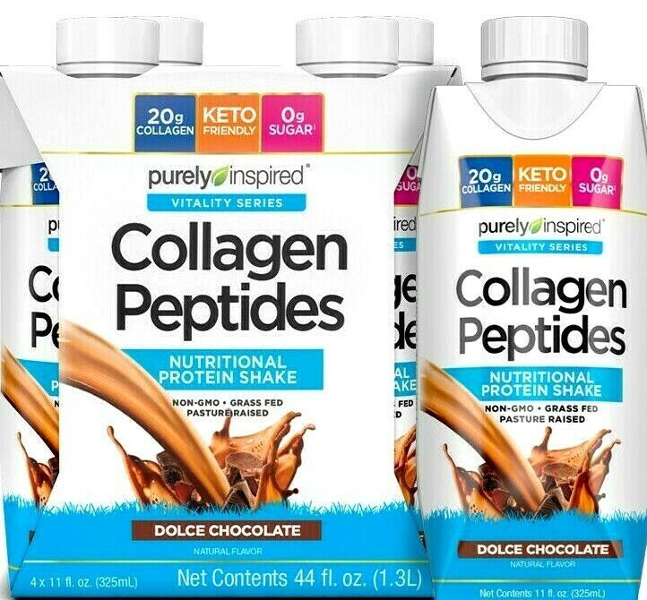 Purely Inspired Collagen Peptides Nutrition Protein shake Dolce Chocolate 11oz4 Energy Bars
