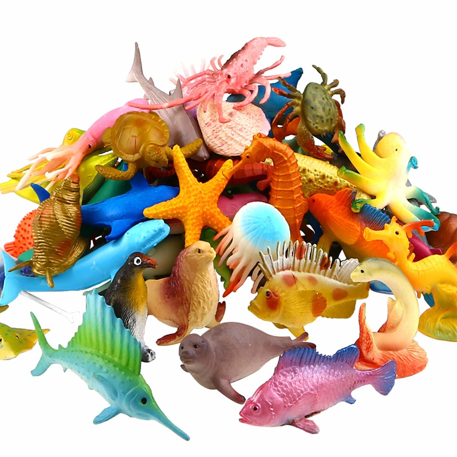 Sea Animal, 52 Pack Assorted Mini Vinyl Plastic Animal Toy Set, Realistic Under