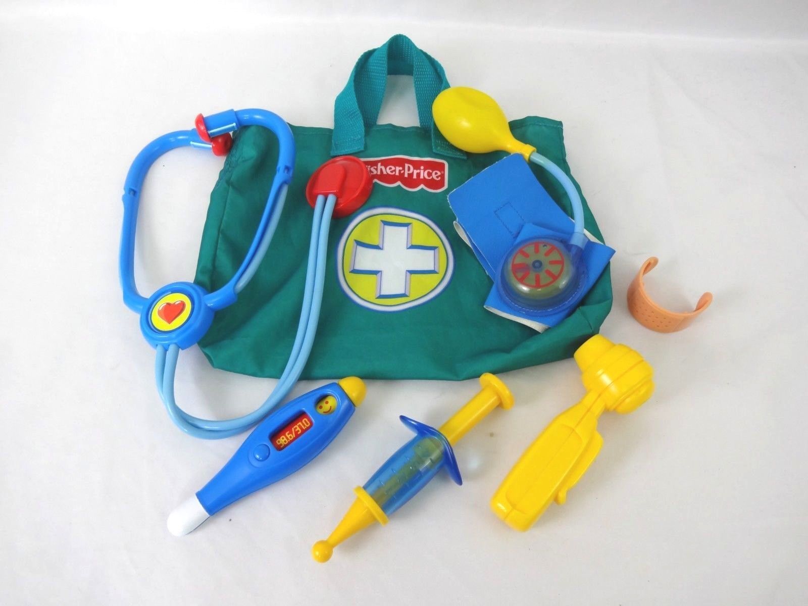 VINTAGE FISHER PRICE 6-PC DOCTOR NURSE MEDICAL ACCESSORIES KIT W/ CLOTH ...