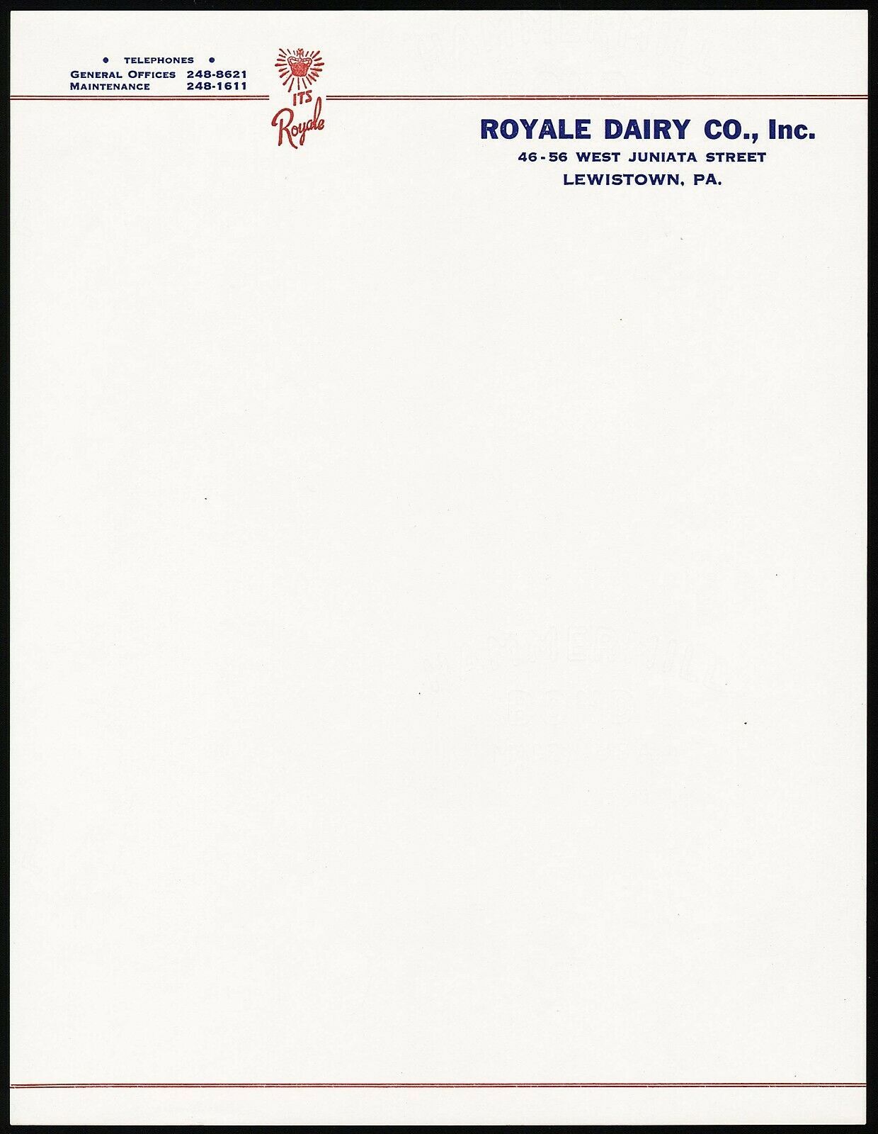 Vintage letterhead ROYALE DAIRY CO Lewistown Pennsylvania new old stock ...