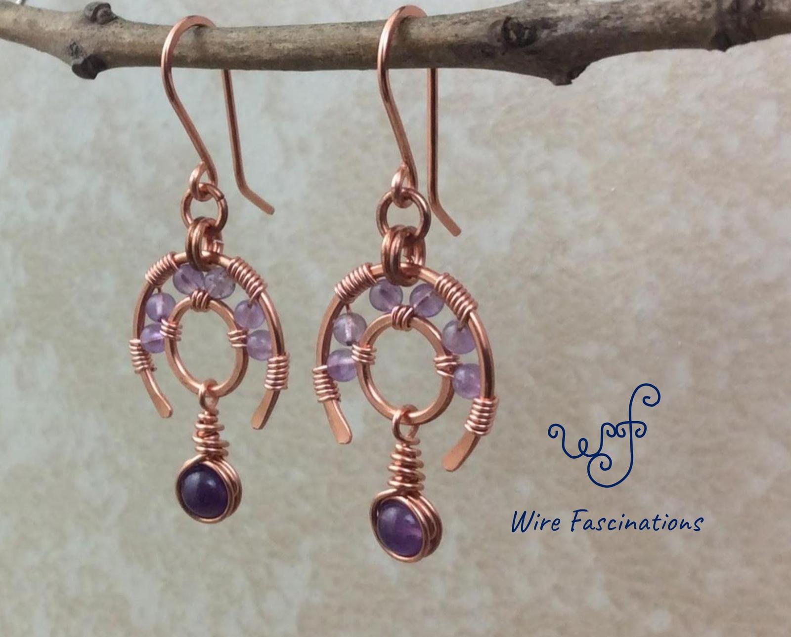 Handmade Copper Earrings Amethyst Wire Wrapped Wagon Wheels With