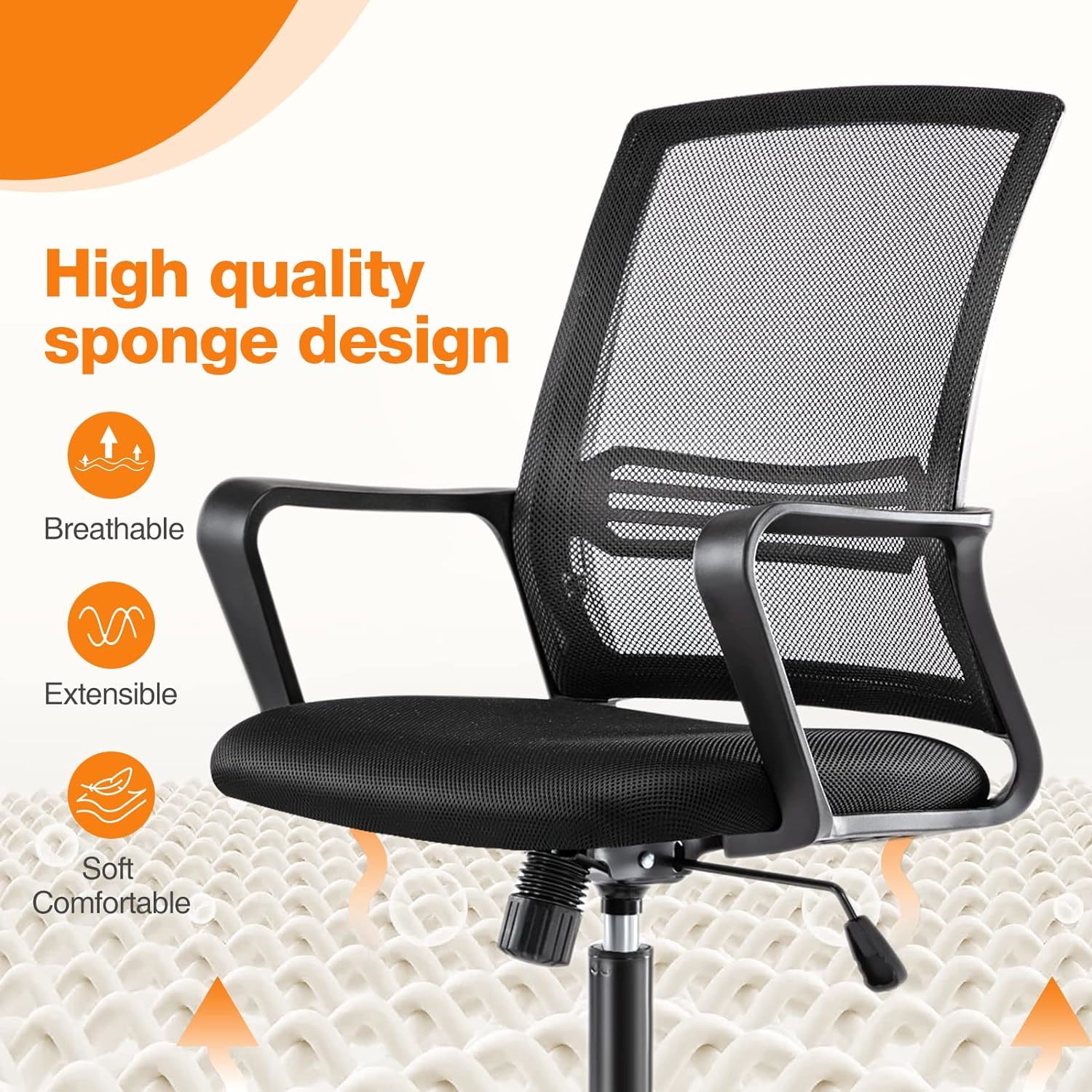 JHK Ergonomic Office Home Desk Mesh Fixed Armrest, Executive Computer Chair  with Soft Foam Seat Cushion and Lumbar Support, Black 