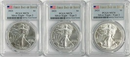 x3 2021 American Silver Eagle - First Day of Issue Type 2 PCGS MS70 - 3 Coin Set - £159.18 GBP