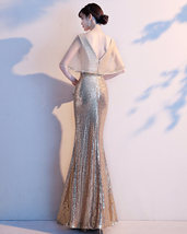 Women Gold Sequin Dress Cap Sleeve High Slit Sequin Maxi Wedding Dress,Plus Size image 6
