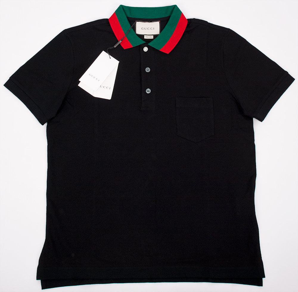Mens Black Gucci Polo Shirt Green and Red Collar - Casual Shirts