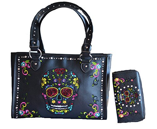 Sugar skull day of the dead embroidery gun concealed carry handbag purse set (bl