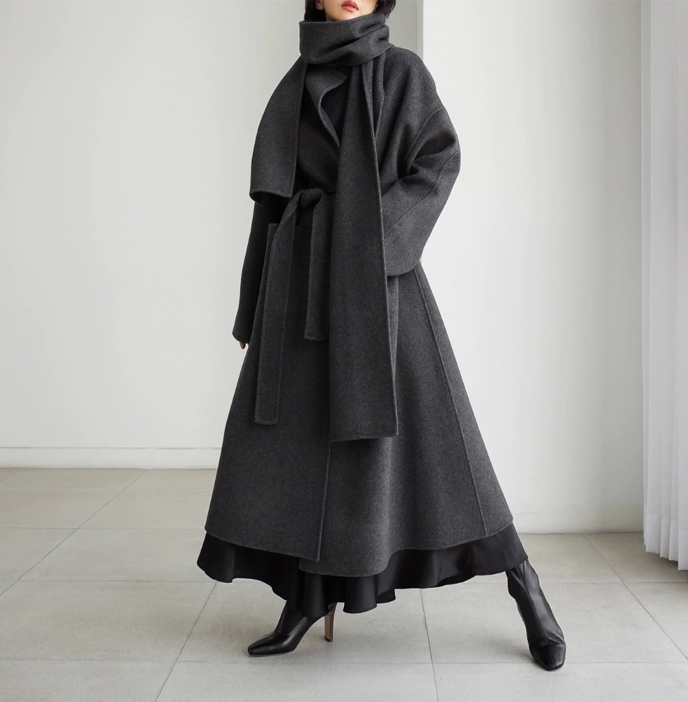 New dark gray woolen long sleeve single breasted grey wool women coat with belt
