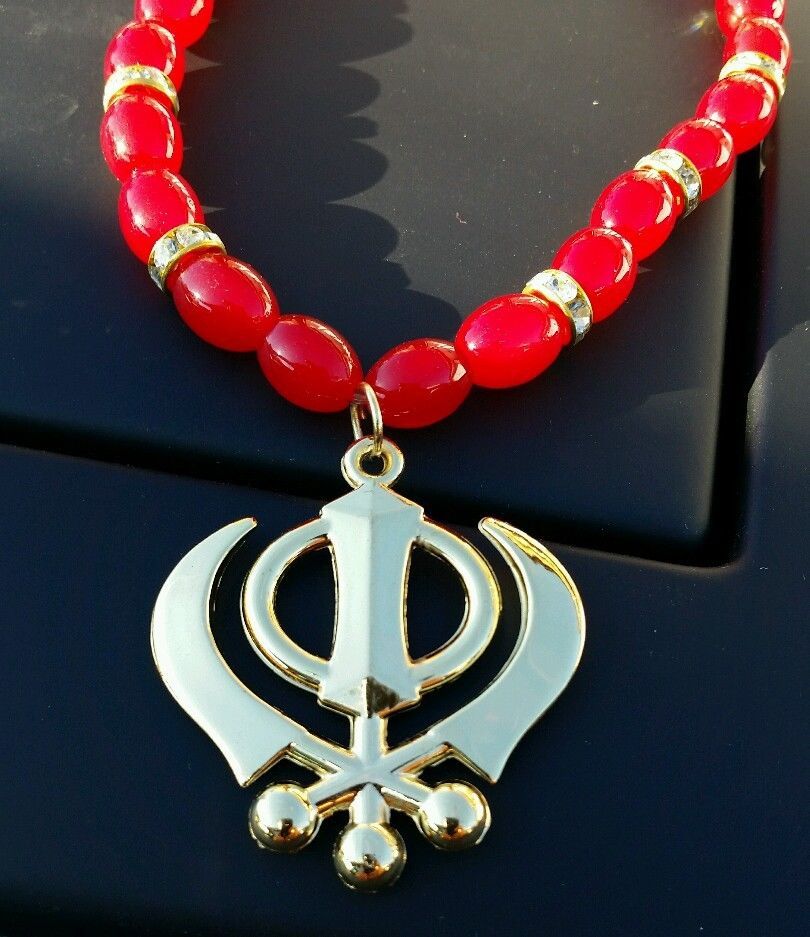 GOLD Plated Punjabi Sikh Khanda Pendant Car Rear Mirror Hanging Red