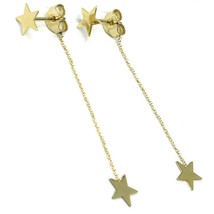 18K YELLOW GOLD PENDANT EARRINGS FLAT DOUBLE STAR, SHINY, SMOOTH, ROLO CHAIN image 2