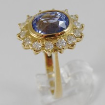 18K YELLOW GOLD BAND FLOWER RING WITH DIAMONDS AND BLUE TOPAZ, MADE IN ITALY image 2