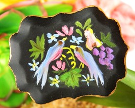 Vintage birds fruit flowers tole art tin tray hand painted pin brooch thumb200