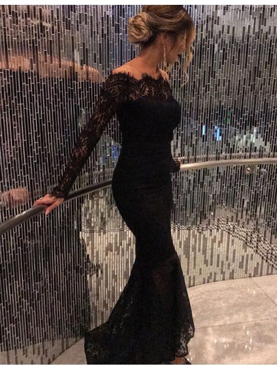 2019 Mermaid Black Lace Off the Shoulder Prom Dress Long Sleeves