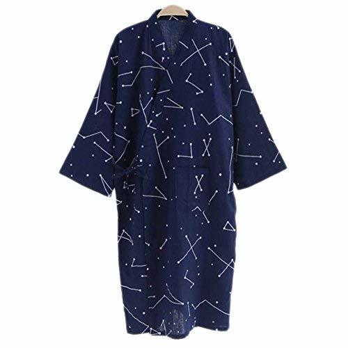 Japanese Style Men Thin Cotton Bathrobe Pajamas Kimono Skirt Gown-D02 Deep Blue