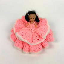 Doll with Handmade Pink White Crochet Dress on Plastic Container - $12.38