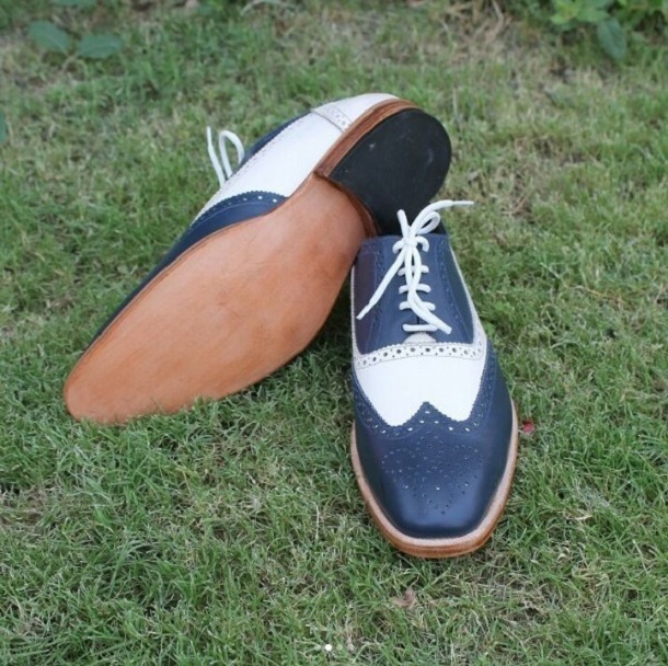 Handmade men two tone shoes, men white and navy spectator shoe, wingtip ...