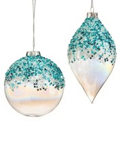 Christmas Ornaments Iridescent Glass with Beads Set of 2 Glitter & Sequins