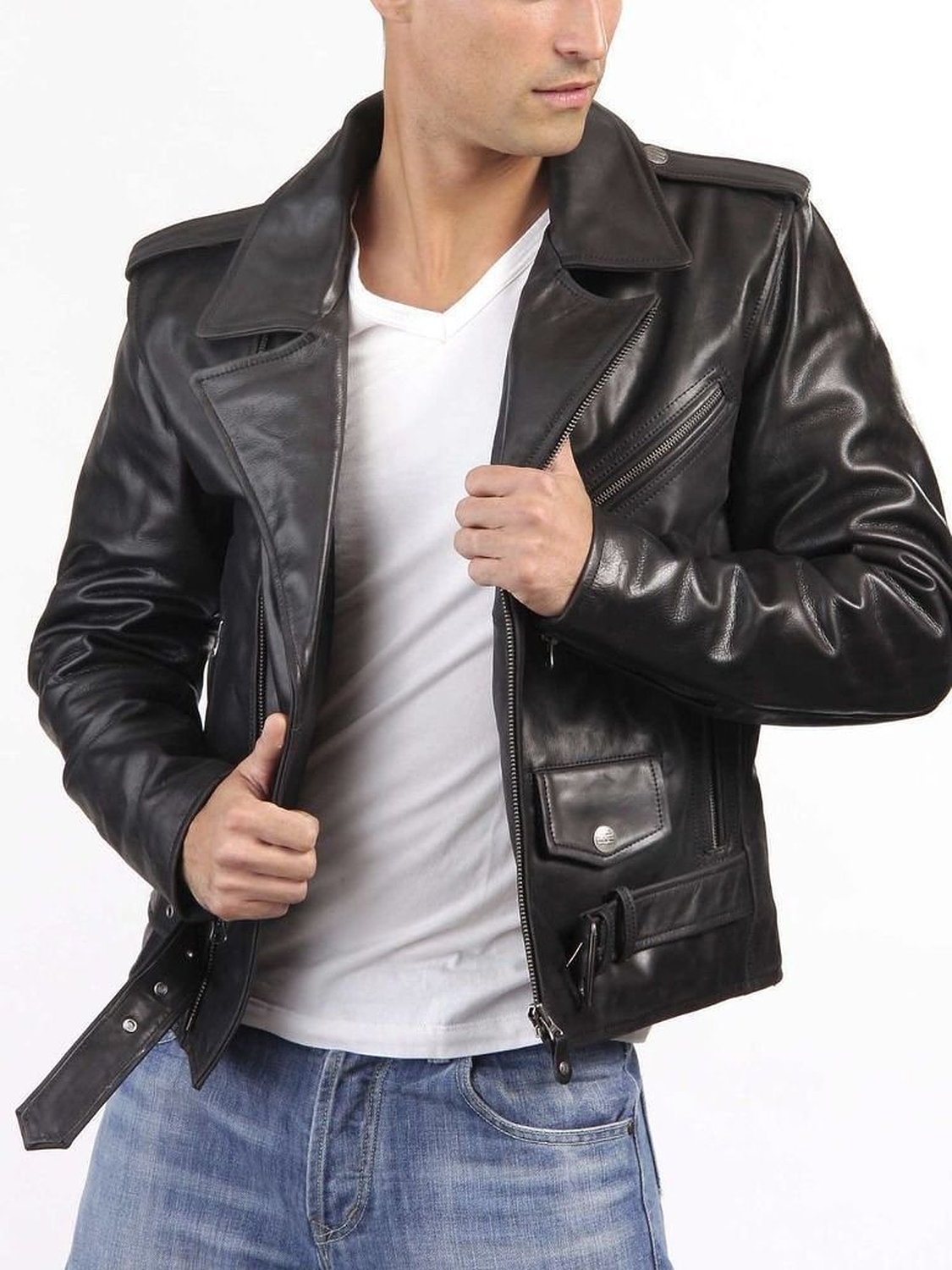 Mens Leather Jacket Black Lapel Collar Flap Epaulets Belted Leather