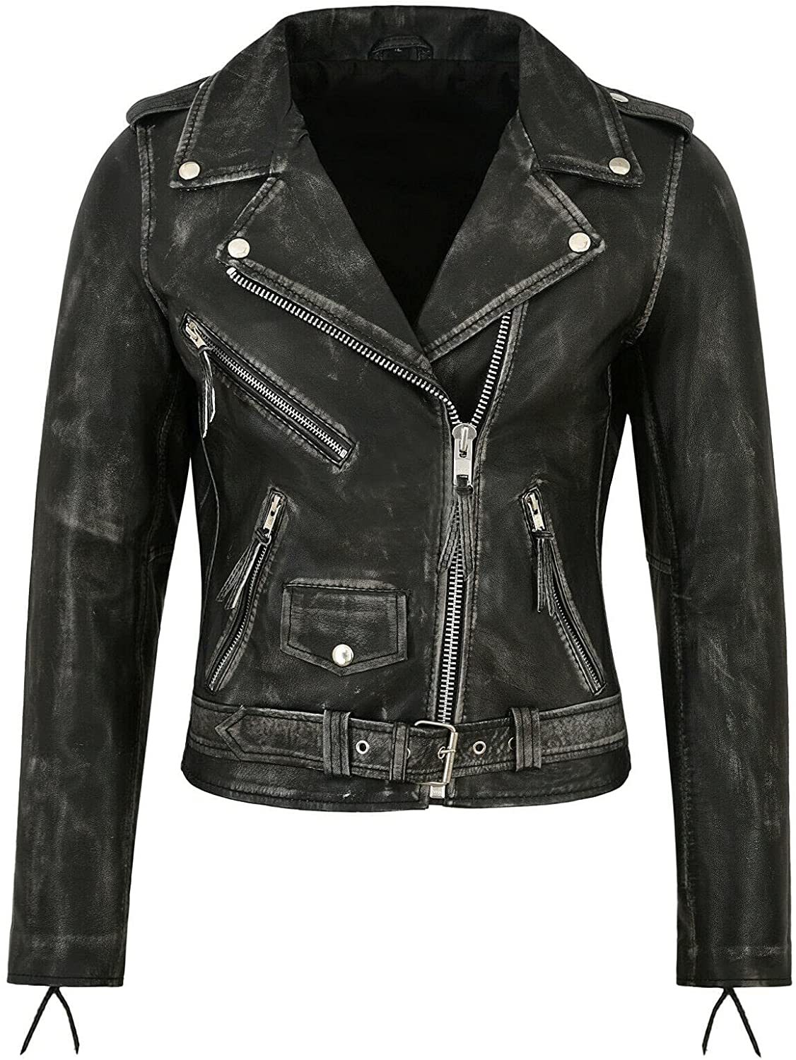 Women's Distressed Black Slim Fit Classic Vintage Motorcycle Real Leather Jacket