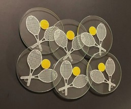 Set of 6 White Tennis Racket Yellow Ball Round Glass Coasters 4&quot; - $29.69