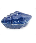 Cobalt Blue Pottery Figural Conch Shell Box w Lid Ribbed Sides 9&quot; Long S... - $13.36