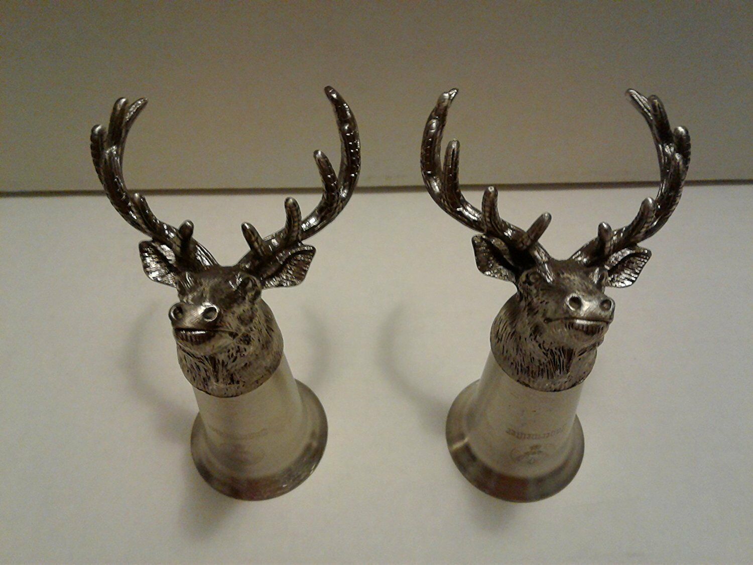Pair 2 Jagermeister 12 Pt Deer Stag Head Pewter Steel Stirrup Cup Shot